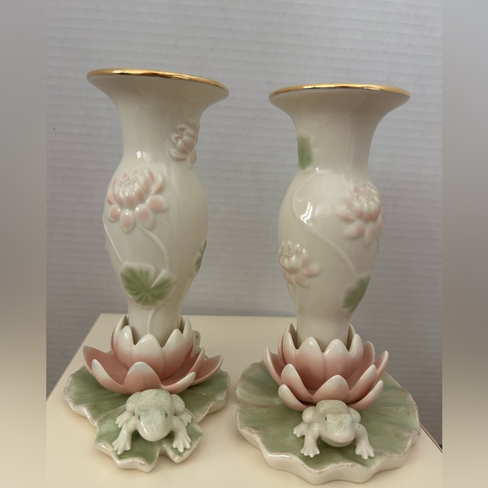 Lenox Floral Frog Candle Holders. 6 1/2” H Brand New In Box. Vintage 2002